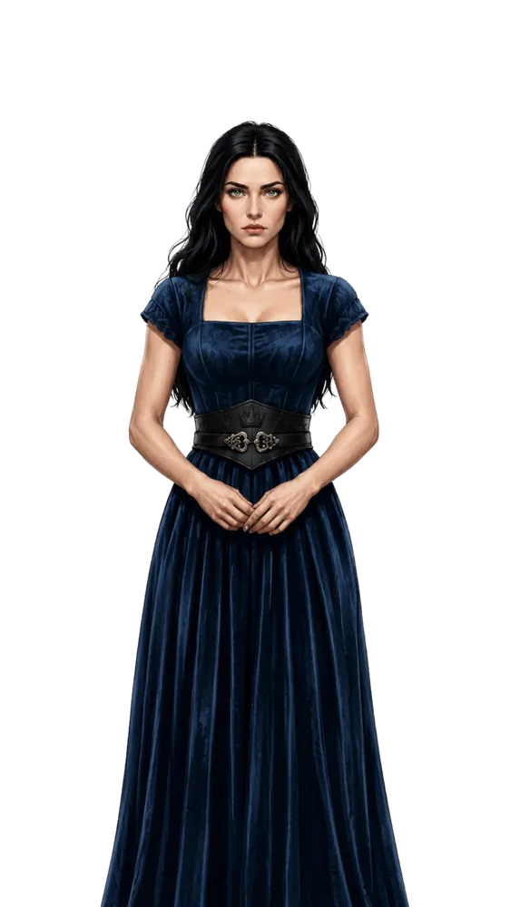Anastasia Lancaster em um vestido azul-marinho de veludo, cinto de couro negro marcado com coroas, olhos verdes firmes.