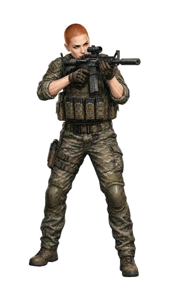 Ava Gildorn, cabelo ruivo raspado, uniforme camuflado e colete tático, mirando um fuzil com supressor.
